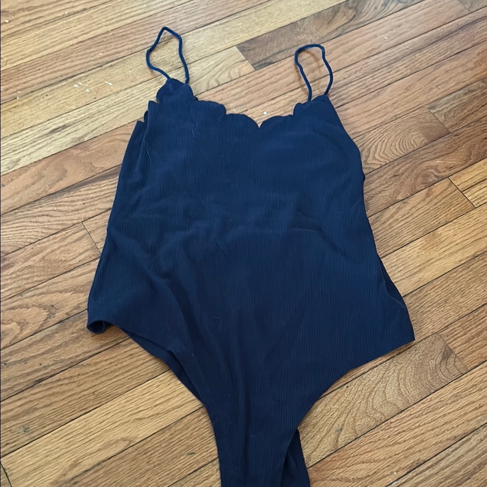 SHEIN Blue Bodysuit with Chic Scalloped Detail